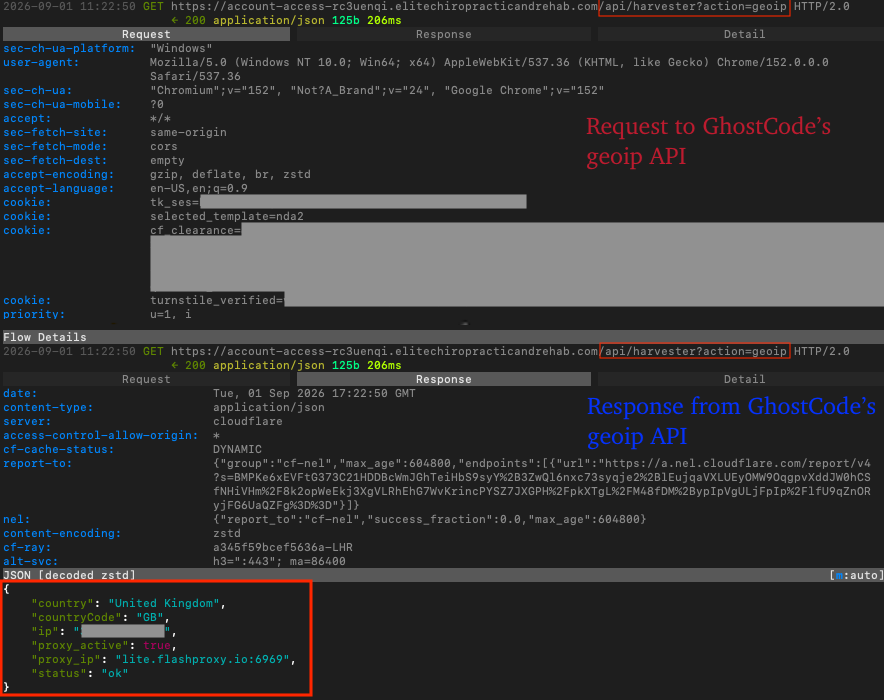 Figure 14 – GeoIP API request to phishing server to create phishing proxy matching geolocation