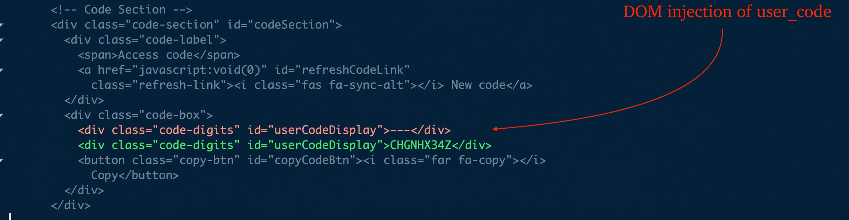 Figure 16 – DOM injection of user_code