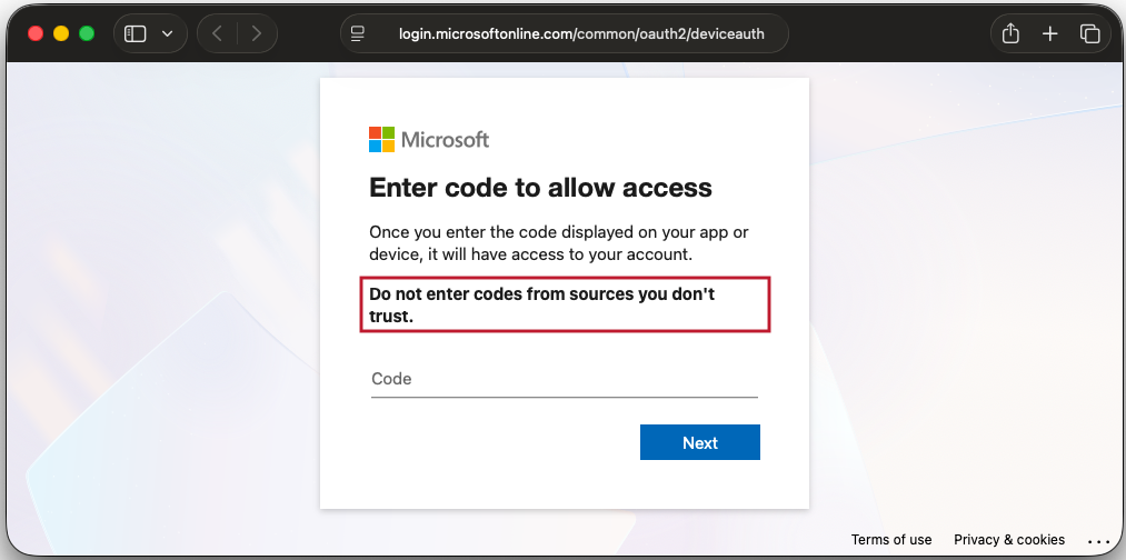 Figure 18 – Redirect to legitimate device code sign-in page
