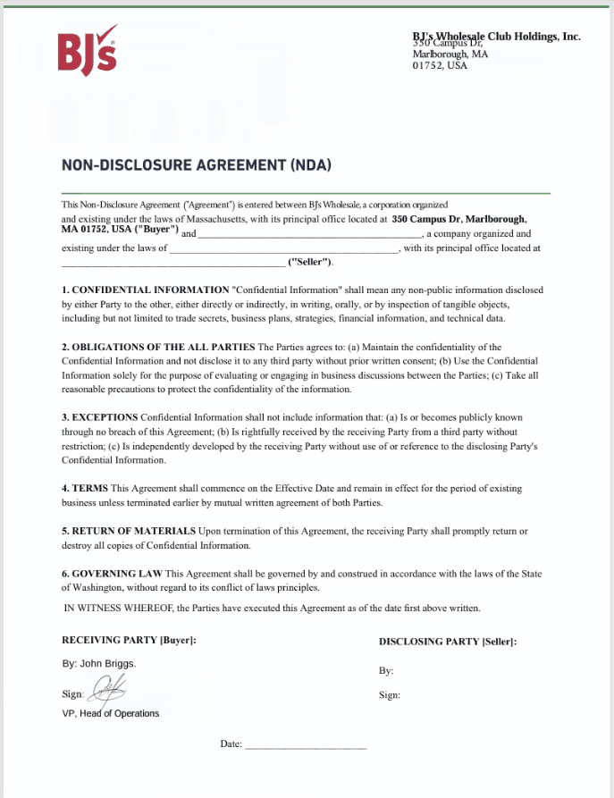 Figure 22 – BJ's Wholesale NDA decoy PDF after authentication completes. The document is a convincingly formatted NDA on BJ's Wholesale letterhead, pre-signed by an attacker-fabricated signatory.