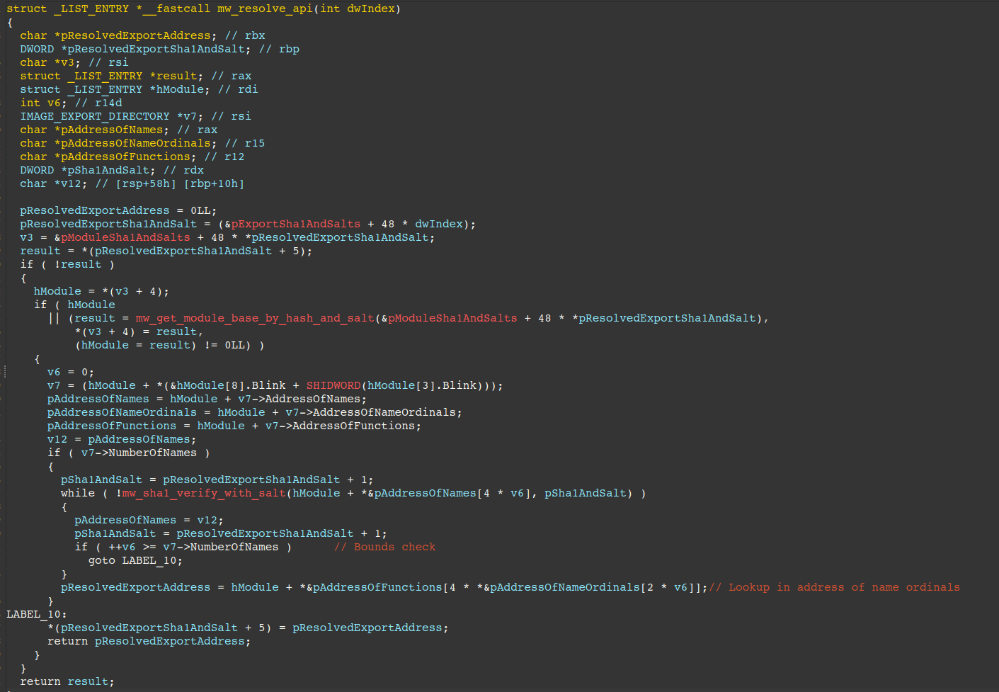 Figure 10 - Routine responsible for resolving module base and export by salted SHA-1 hashes