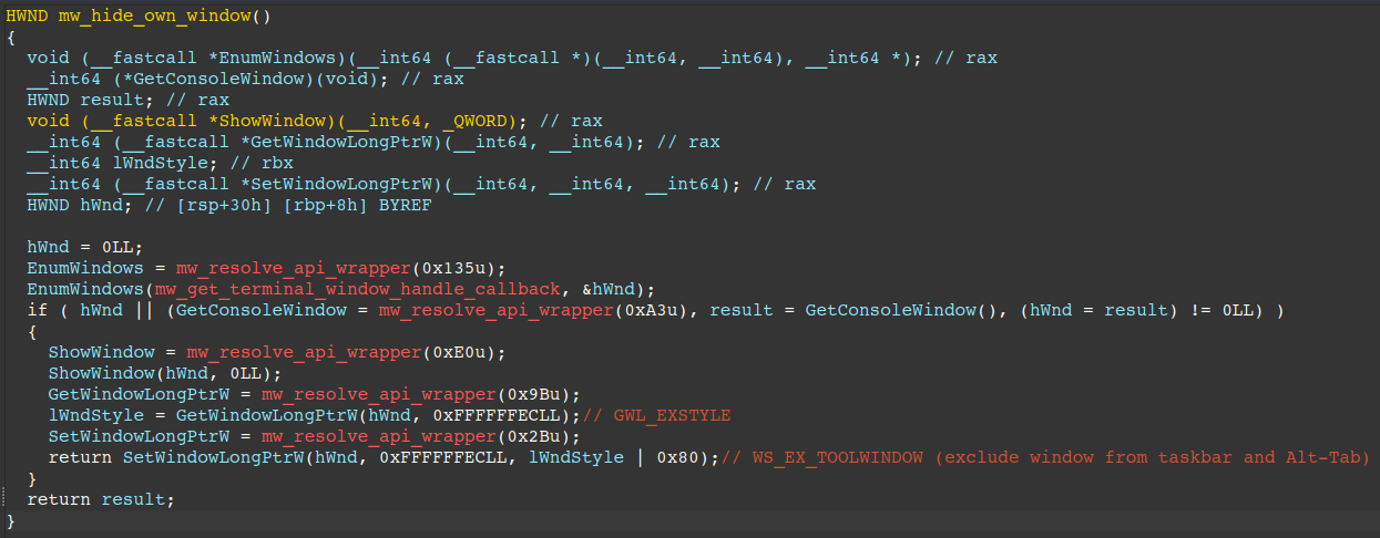 Figure 13 - Routine responsible for hiding the malware's window