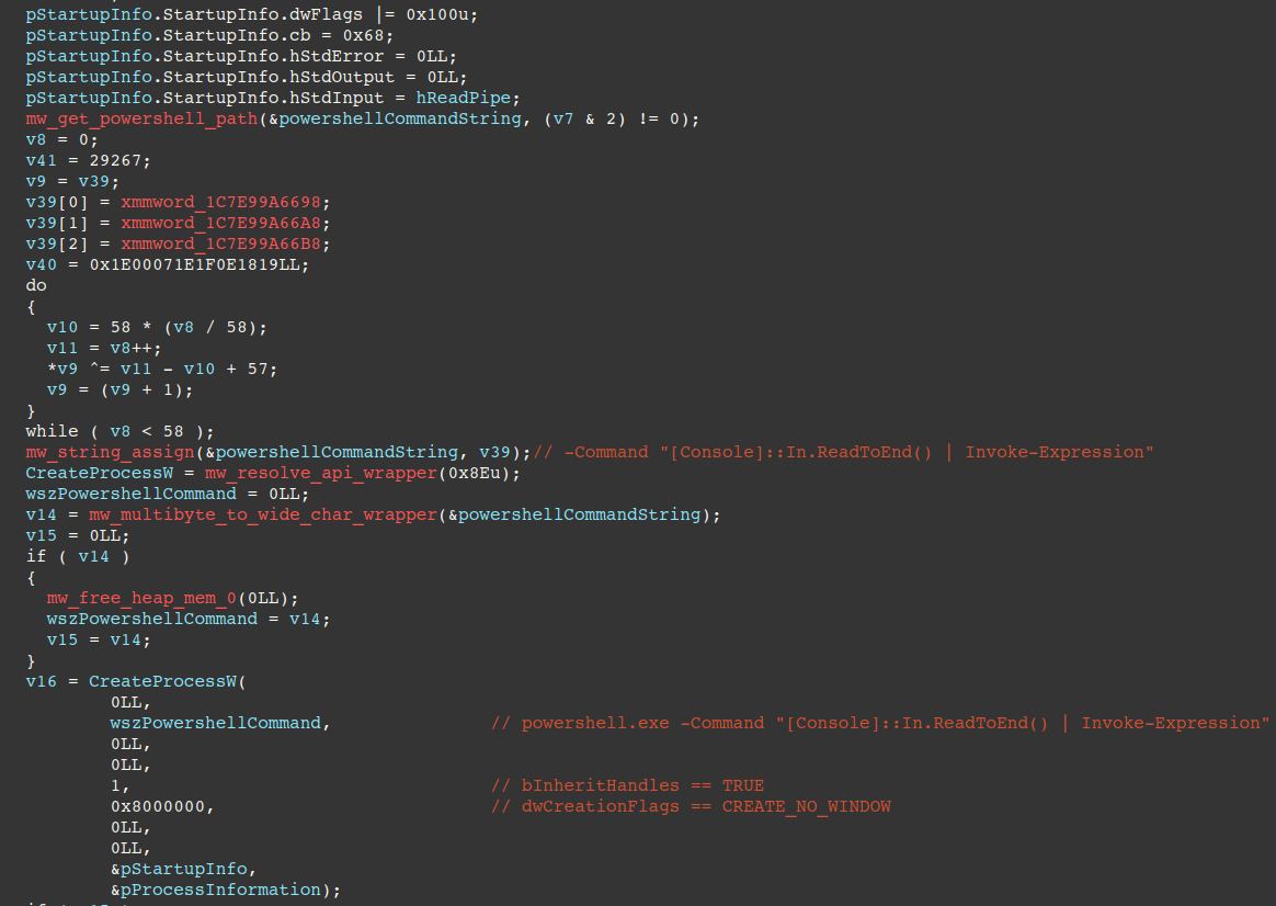 Figure 26 - Fileless PowerShell script execution via hijacked pipes