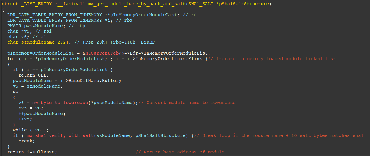 Figure 8 - Routine responsible for resolving module base by salted SHA-1 hash