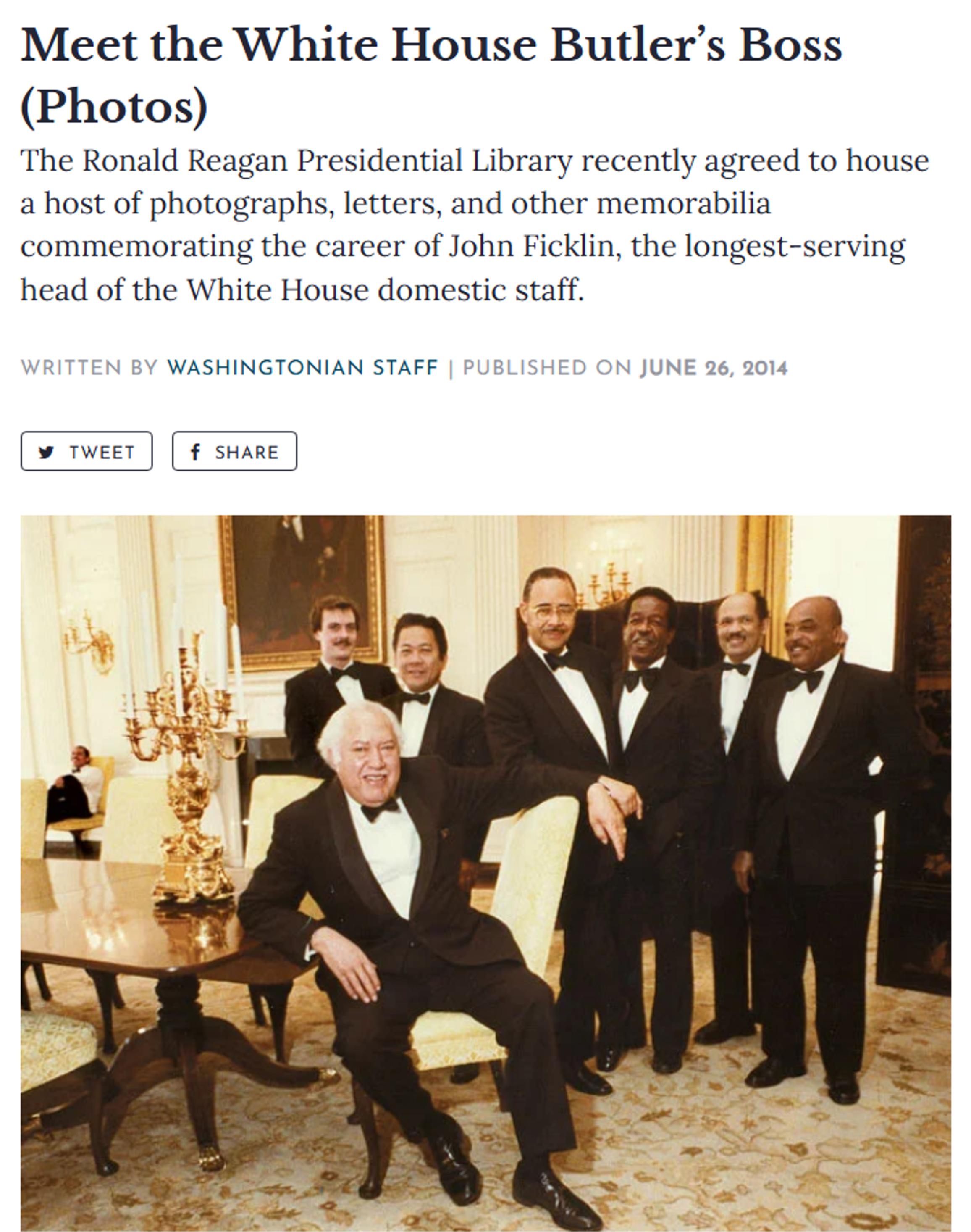 Figure 6. John Ficklin seated with his staff in the White House. Photo published June 26, 2014, in the Washingtonian.