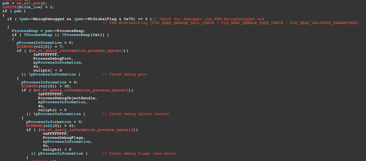 Figure 17 – PEB debugger check, SysCalls for NtQueryInformationProcess to check for debugger