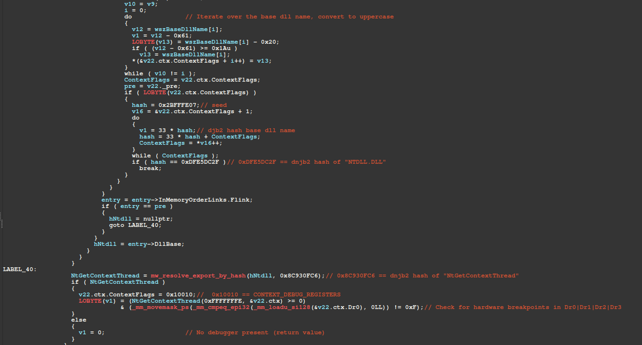 Figure 18 – Resolve base address for ntdll, invoke SysCall for NtGetContextThread, check for hardware breakpoints