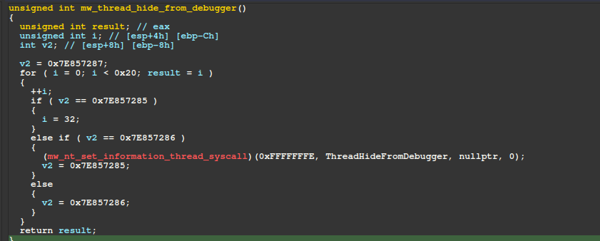 Figure 19 – Subroutine responsible for hiding the main thread from a debugger