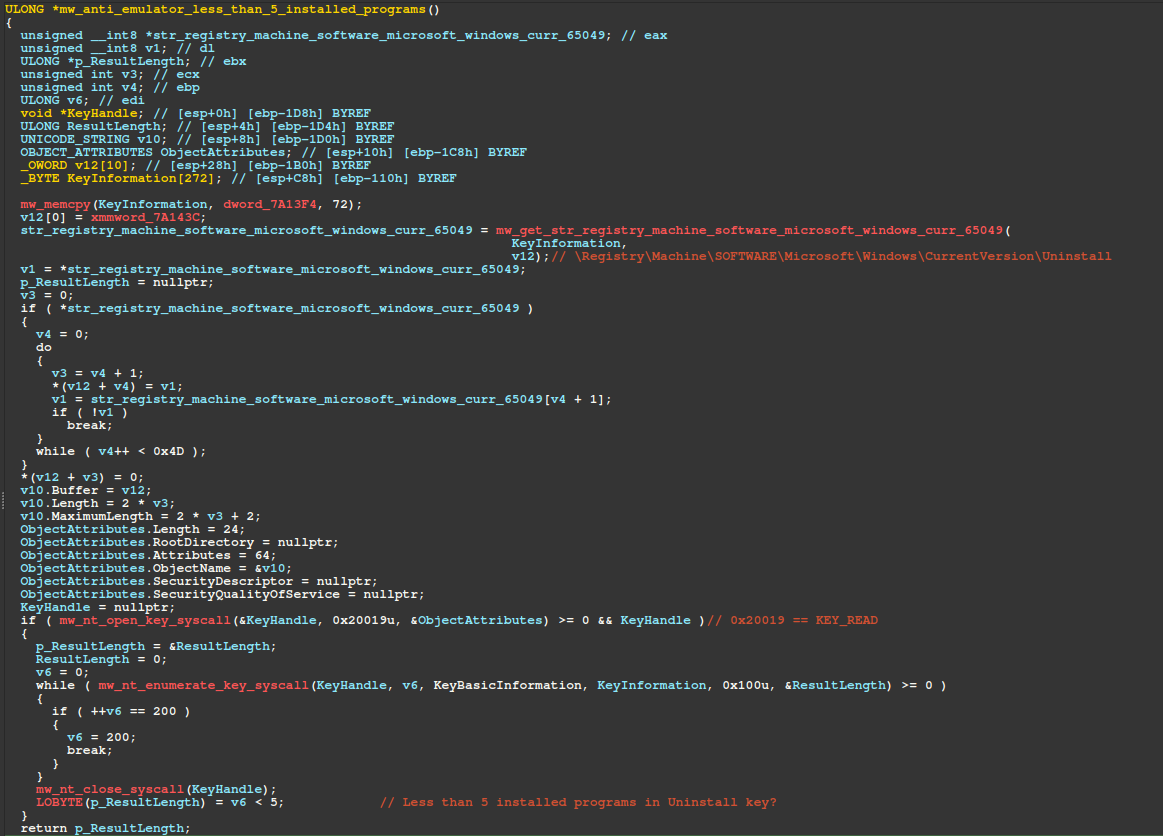 Figure 23 – Uninstall registry key enumeration, likely for anti-emulation purposes