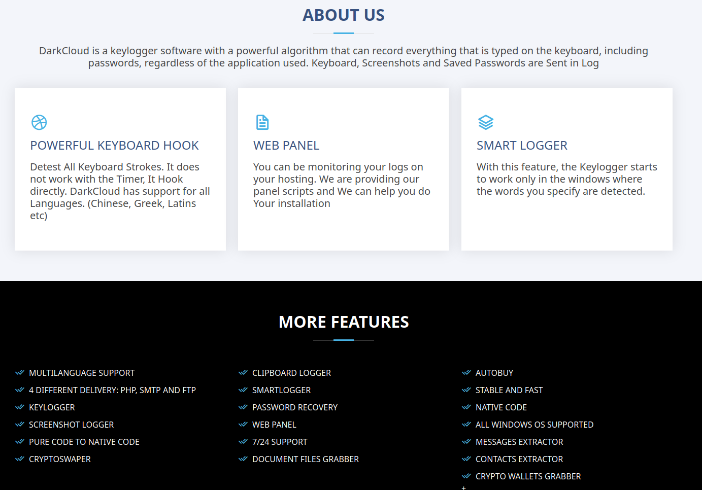 DarkCloud website ABOUT US and MORE FEATURES