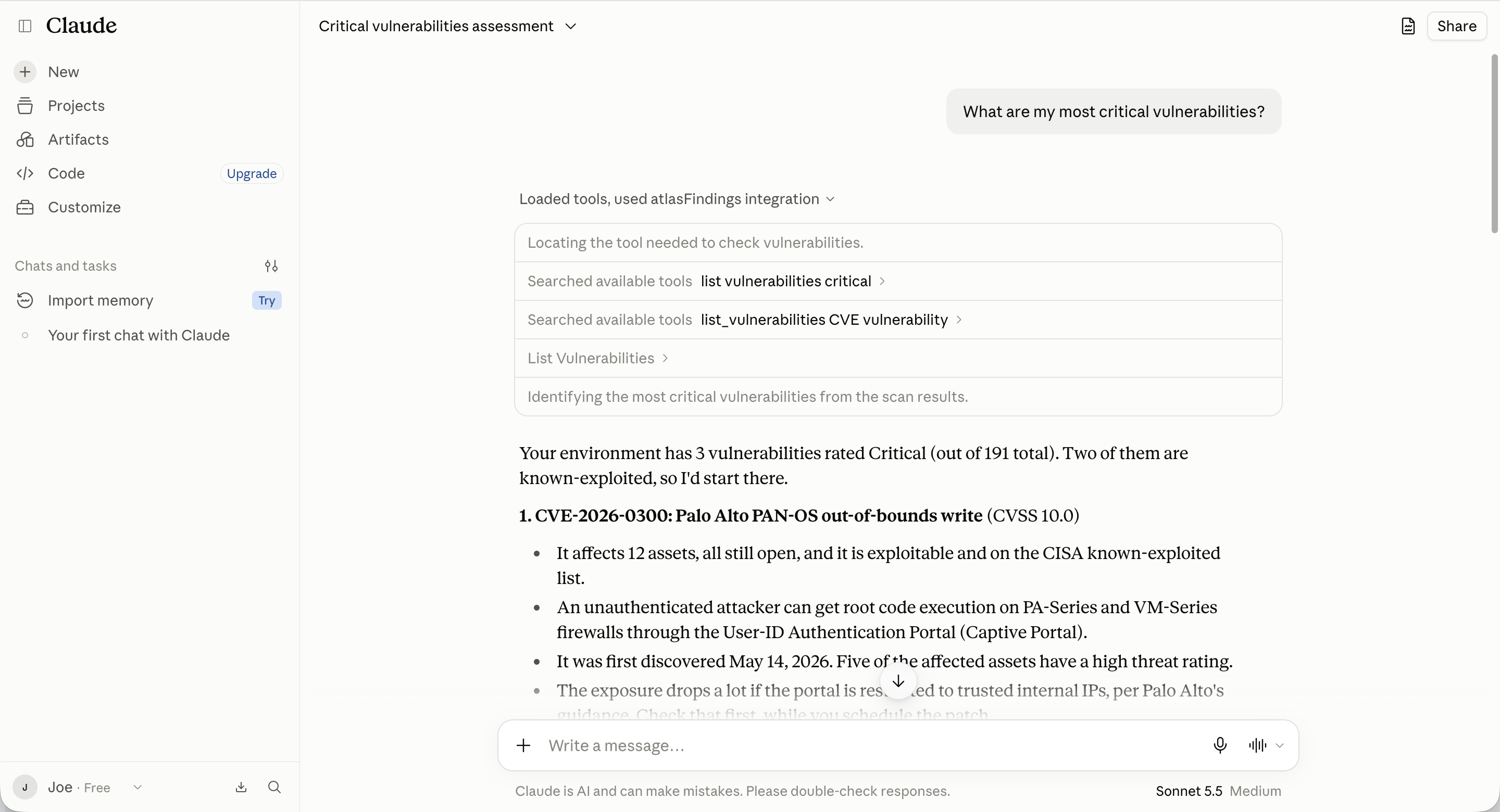 Figure 2: A triage query in Claude returning critical findings from the last seven days.