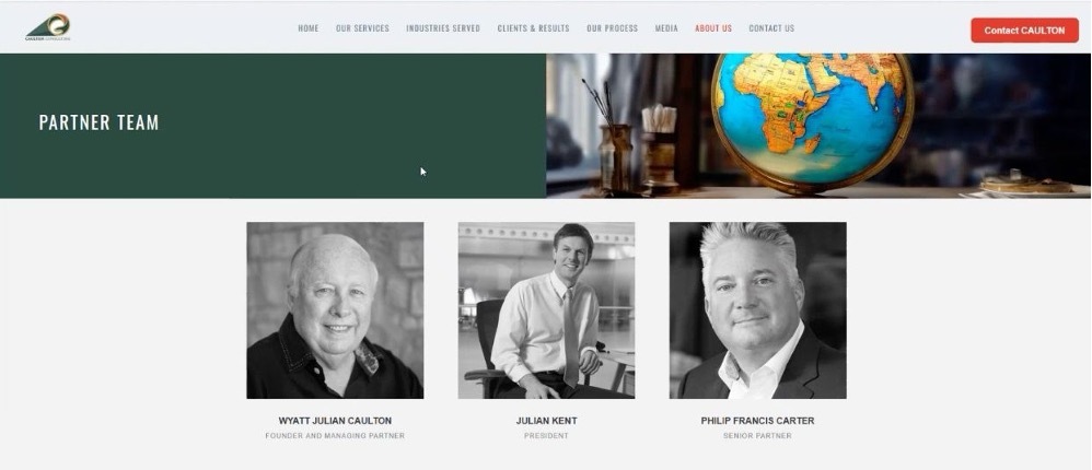 Figure 3. The executive leadership page for Caulton Consulting purportedly exhibiting images of Caulton Consulting’s Founder and Managing Partner, President and Senior Partner.