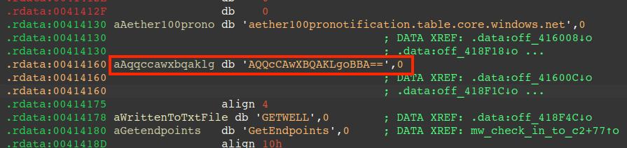 Strings in Amatera, C2 address (base64/XOR encrypted), bogus Host header value