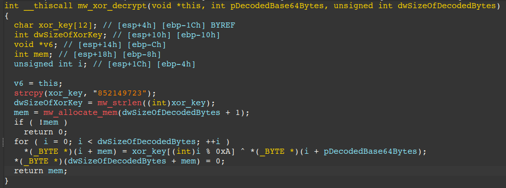 XOR decryption routine used for decrypting C2 address and malware configuration from C2