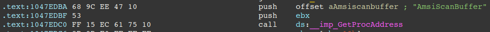 Disassembly of clr.dll where AmsiScanBuffer string is referenced