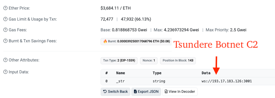Figure 5 - C2 stored in Ethereum smart contract input data