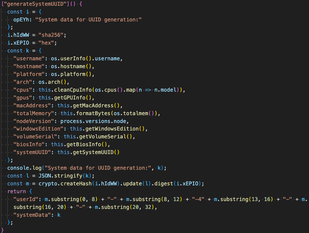 Figure 6 - Fingerprint victim OS, sha256 hash JSON-serialized object