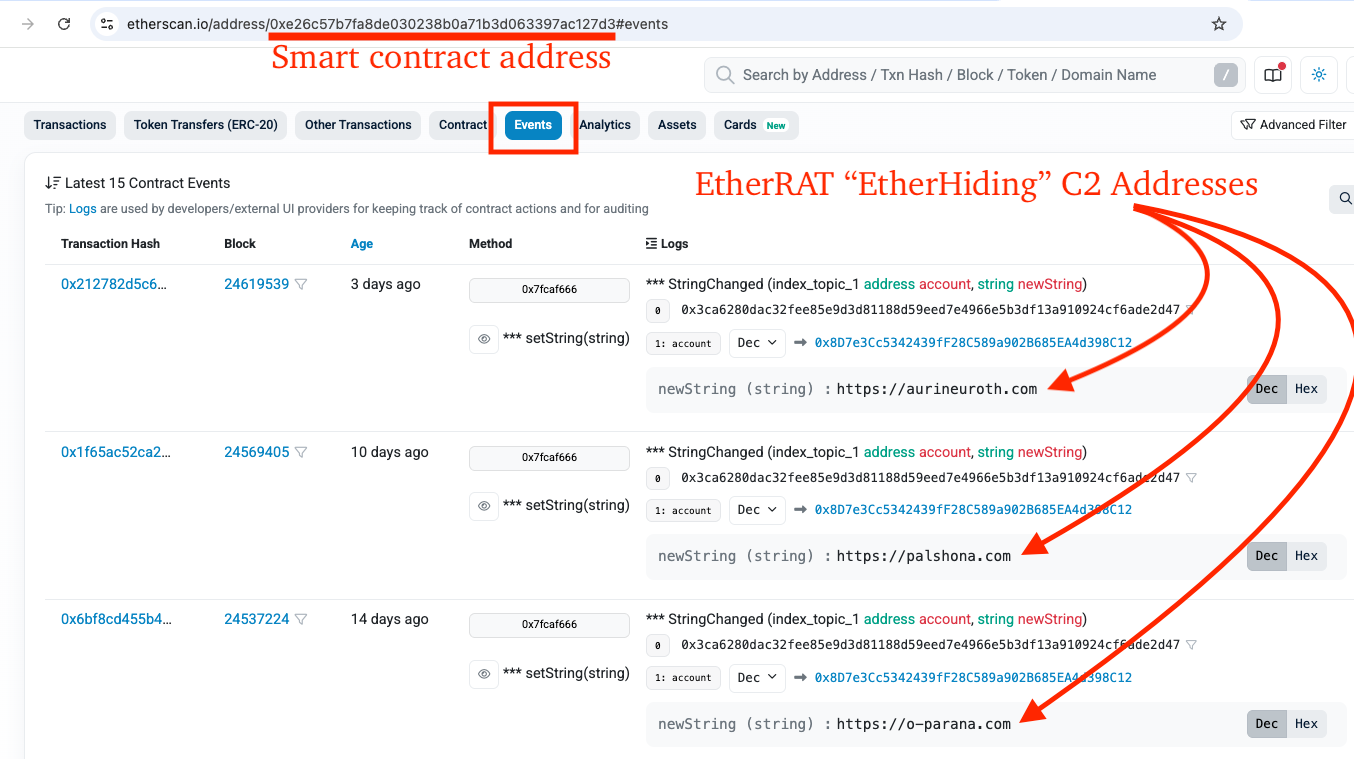 Figure 9 – EtherScan.io events for smart contract with C2 addresses
