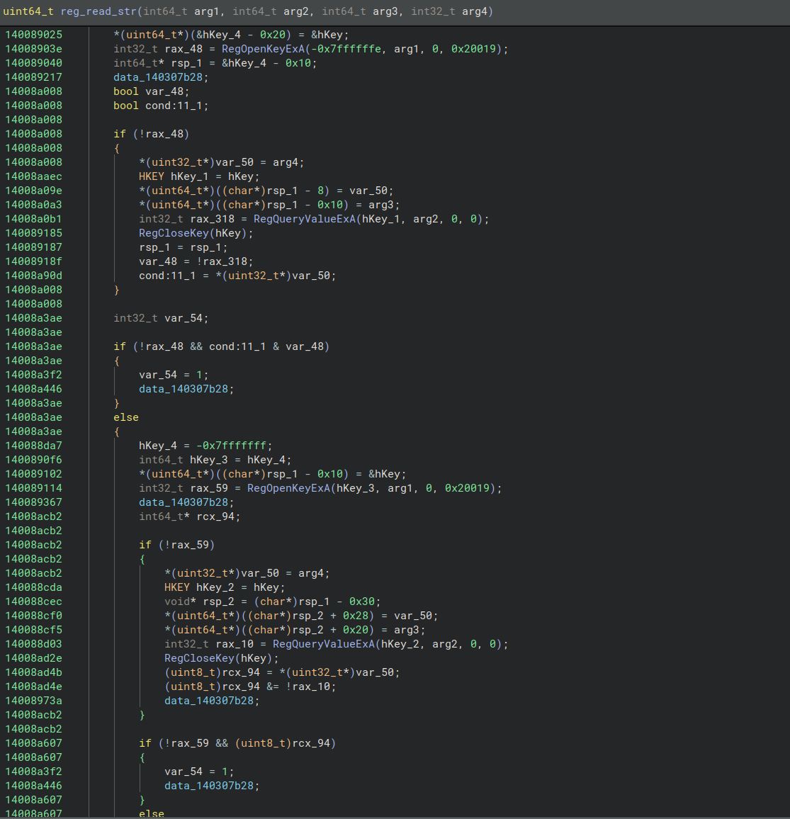 Figure 17 - After unflattening reg_read_str function (pseudo-code view, restored original code)