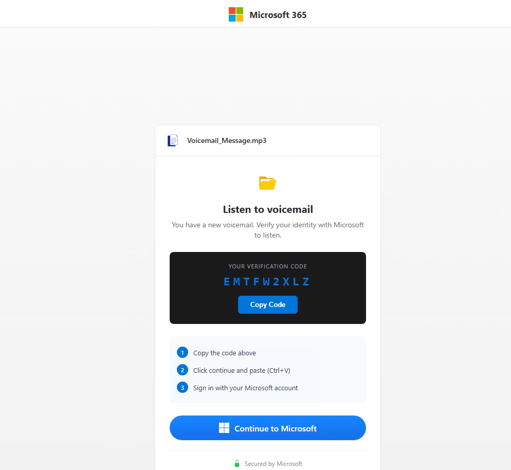 Figure 3 - The genuine Microsoft device authentication page at login.microsoftonline.com/common/oauth2/deviceauth with the operator-issued user code