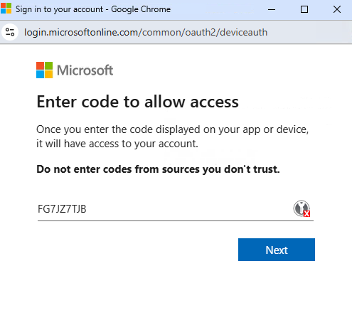 Figure 5 - Microsoft deviceauth page with code FG7JZ7TJB