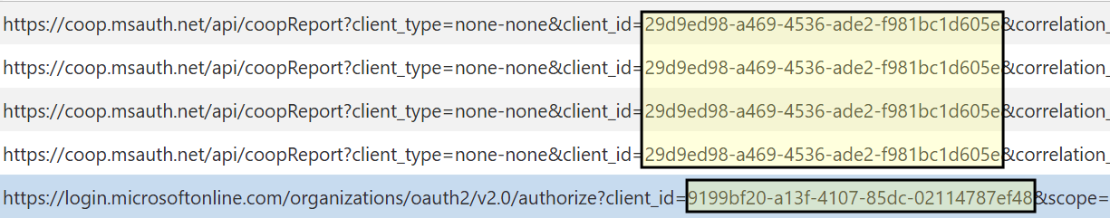 Figure 6 - Network capture showing the transition from Microsoft Authentication Broker (AppId 29d9ed98, highlighted top) to the subsequent OAuth authorize request for One Outlook Web (AppId 9199bf20, highlighted bottom).