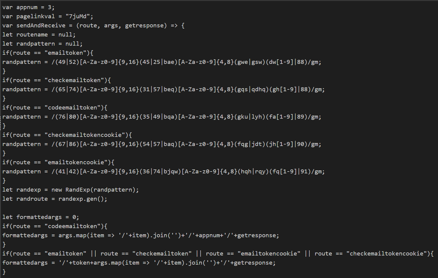Figure 7 - Kit source showing the five route definitions, the hardcoded appnum and pagelinkval values, and the per-route regex patterns used to generate distinct URL suffixes.