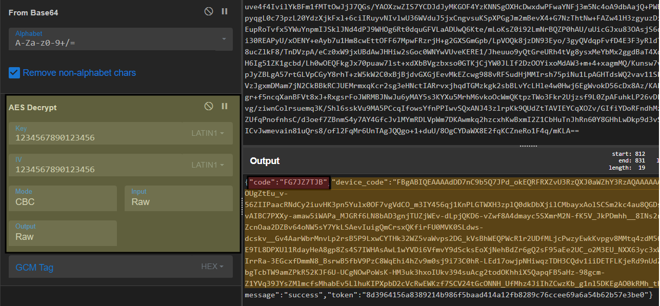 Figure 8 - CyberChef AES-CBC decryption of an operator backend response, confirming the hardcoded key 1234567890123456 and revealing the code, Microsoft-issued device_code blob, and rotating session token.