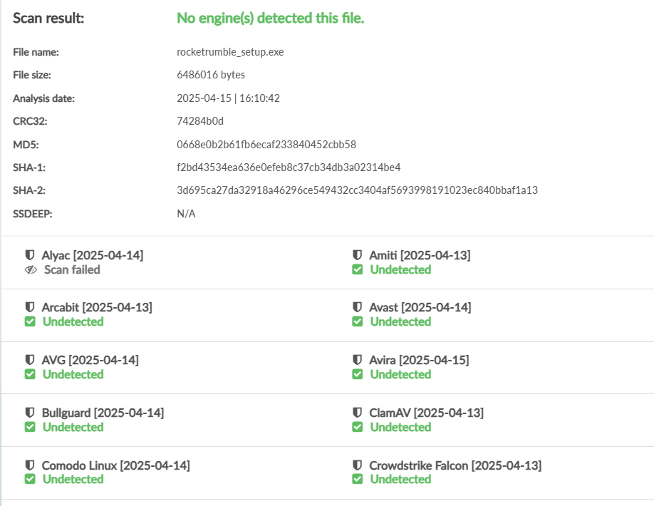 Figure 3 - Kleenscan scan results with 0 hits (hxxps[:]//kleenscan[.]com/scan_result/2d8af5c8db0b34dab78d7e631f25efdec6fafc5d3e33c42b47e97c7abe39b599)