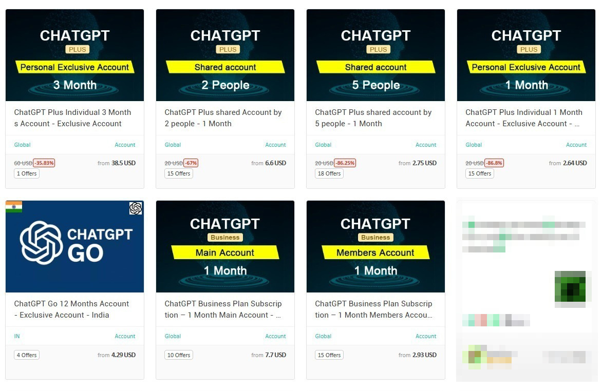 Figure 6: A seller on the Underground offers buyers access to exclusive and “shared” ChatGPT accounts as well as ChatGPT Business accounts.