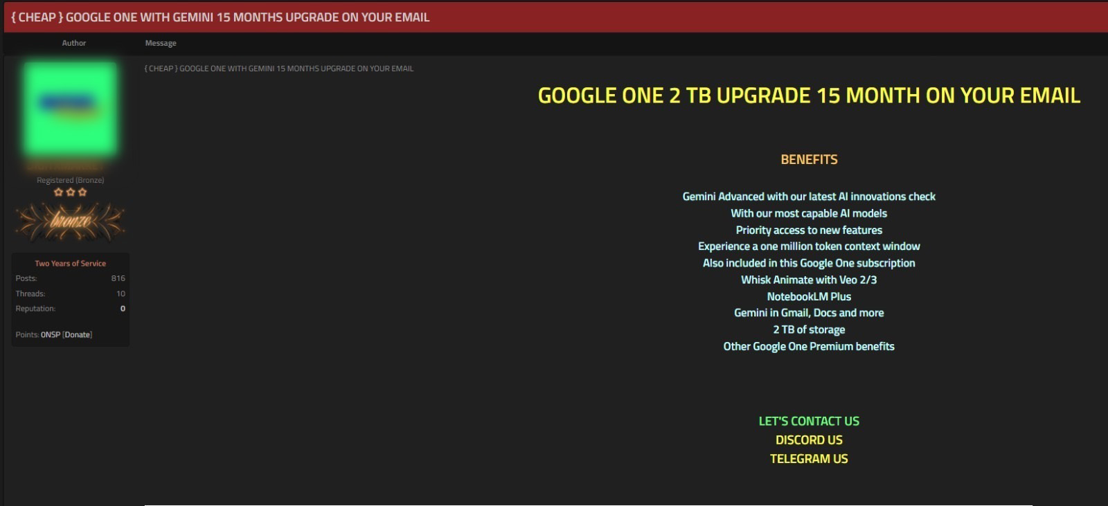 Figure 8: A threat actor offers a 15-month Google AI Pro subscription for $35.