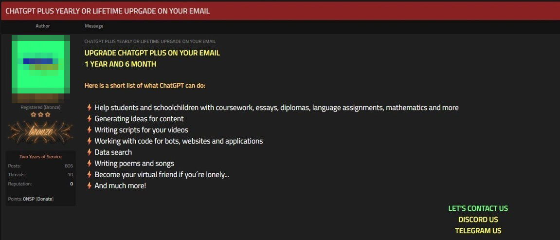 Figure 7: An Underground merchant is selling account upgrades to ChatGPT subscribers and trying to entice potential customers by listing several of the various functions a ChatGPT account can help users with.