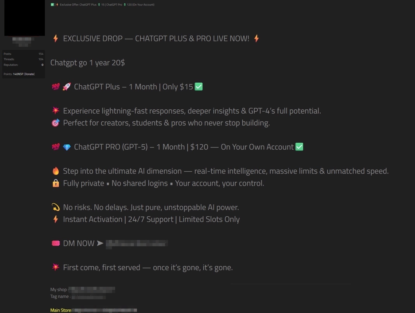 Figure 5: A threat actor on an Underground Forum offers potential customers a chance to upgrade their ChatGPT account to Pro, Plus and Go for one month at rates