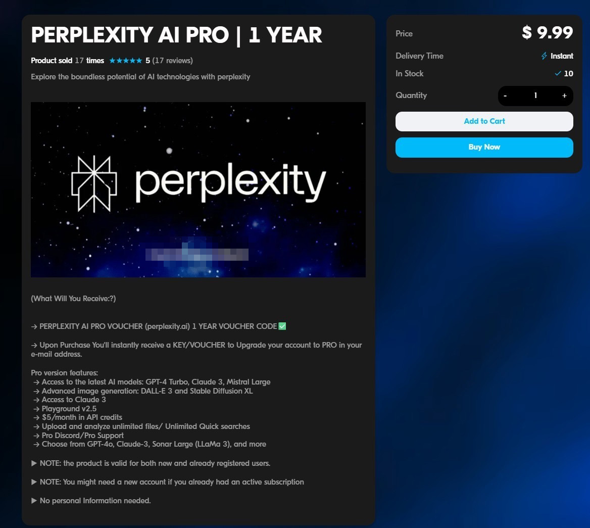Figure 3: The threat actor renting access to ChatGPT Plus accounts is also offering vouchers for a 1-year subscription to Perplexity AI Pro for $9.95.