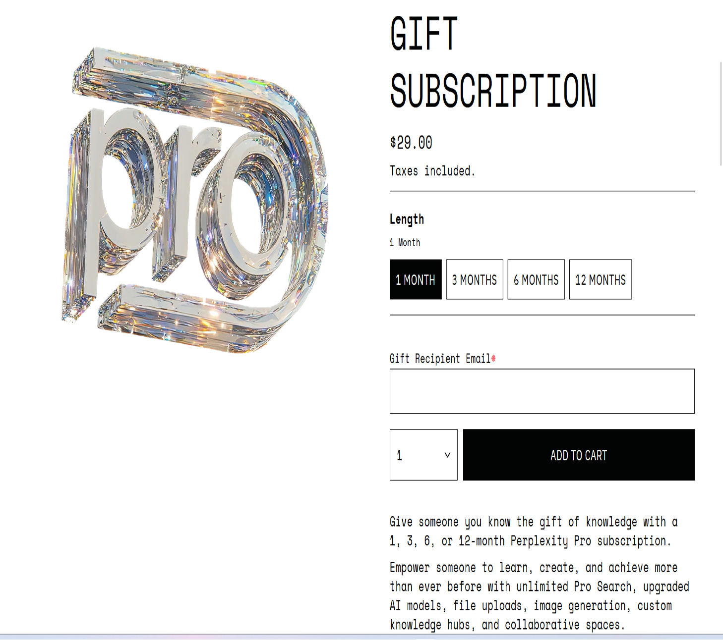 Figure 4: The Perplexity website page where one can purchase a gift subscription to Perplexity Pro for a friend or family member.