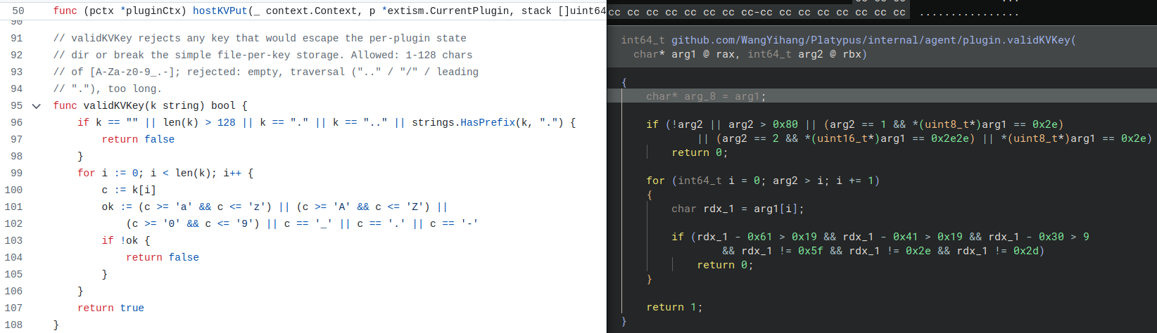 Figure 7 - Side by side comparison of the source code and the observed Platypus agent binary