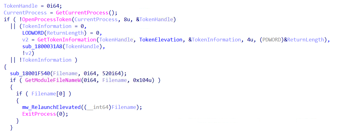 Figure 14 – pfnAPC checking process elevation via OpenProcessToken + GetTokenInformation(TokenElevation) before shellcode execution