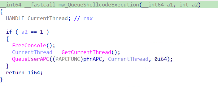 Figure 15 – DllEntryPoint scheduling deferred execution via QueueUserAPC(pfnAPC) on DLL_PROCESS_ATTACH to evade DLL load monitoring